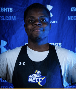 A man in an NECC Track and Field uniform